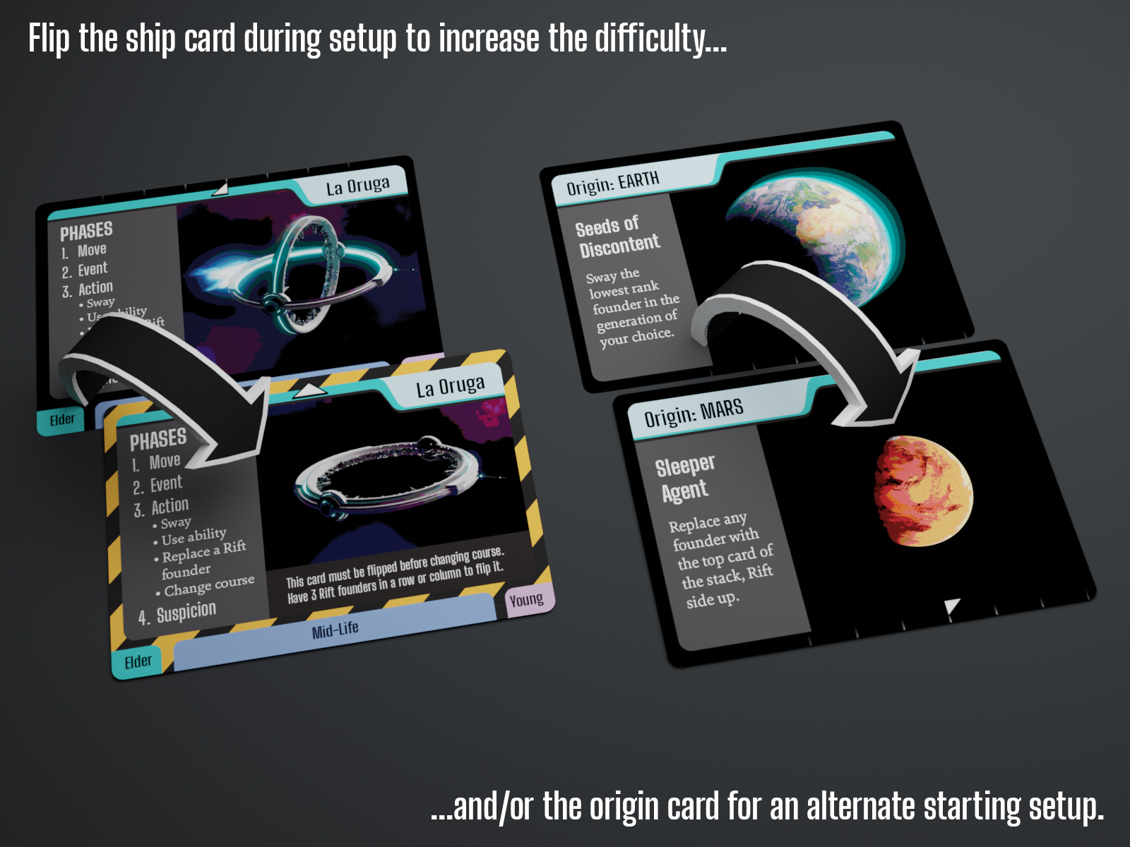 Flip the ship card during setup to increase the difficulty and/or the origin card for an alternate starting setup.